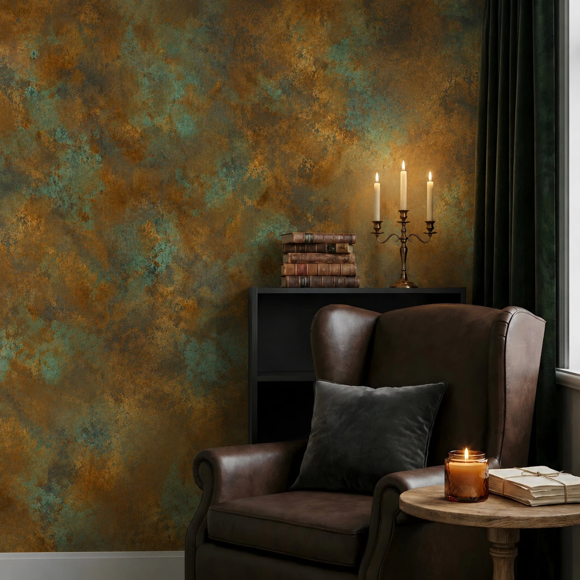 Verdigris Copper Patina wall mural shown in a styled interior, view 2