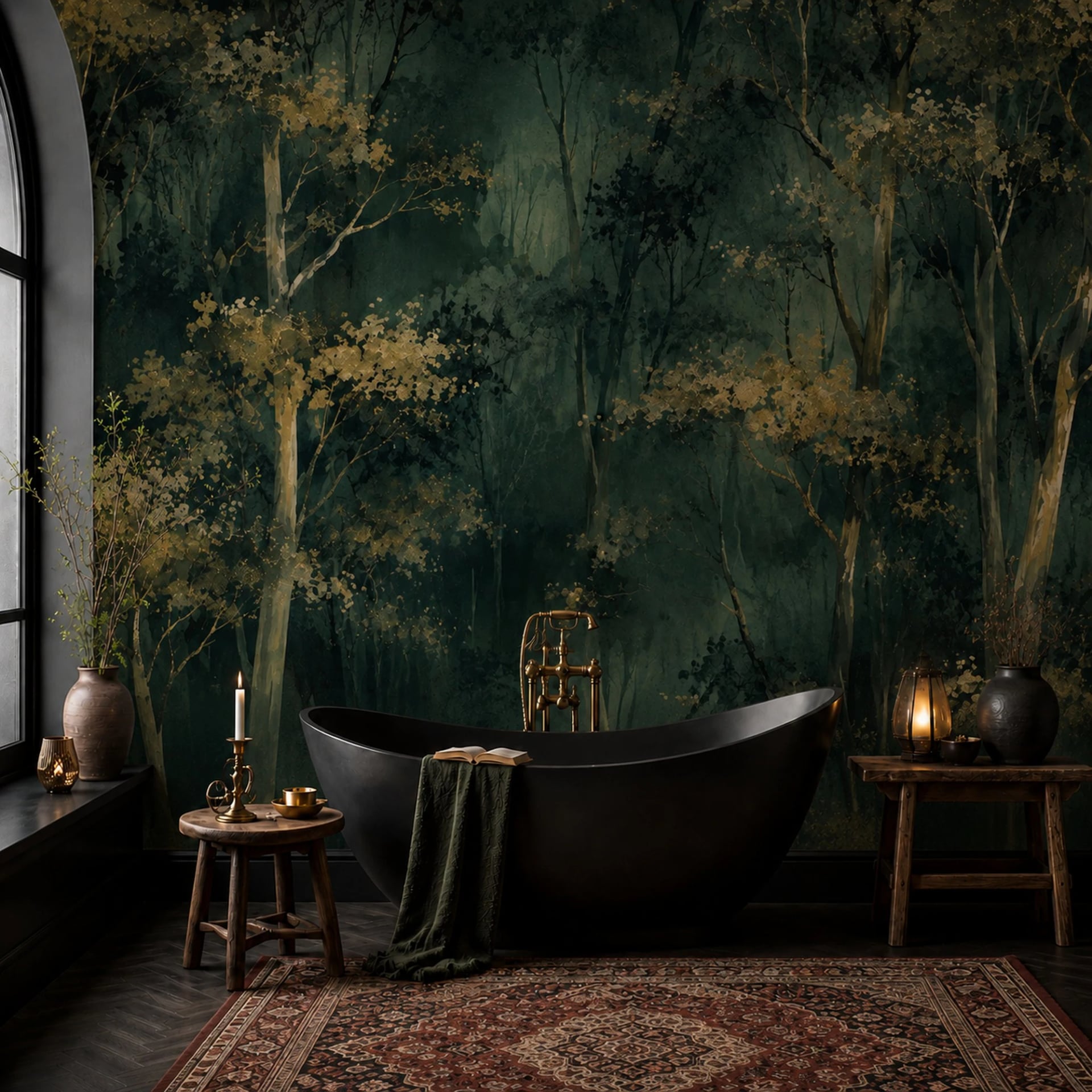 Papier peint panoramique Canopée forestière sombre présenté dans un intérieur décoré, vue 1
