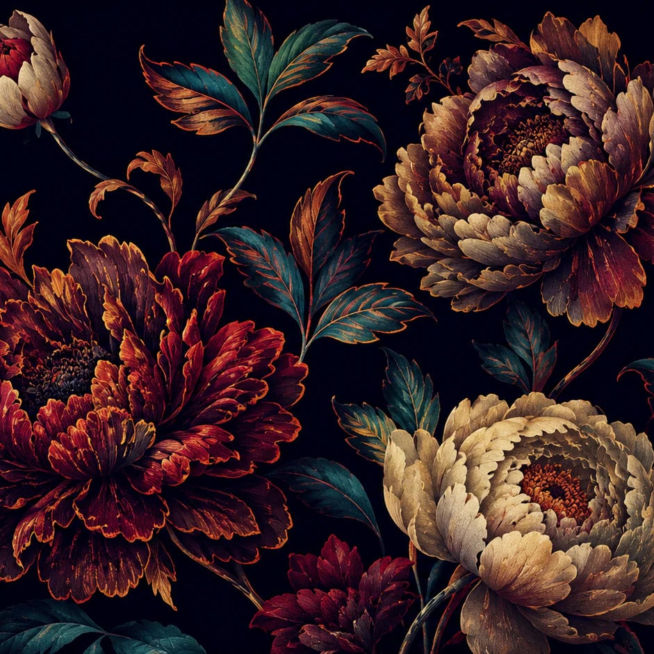 Close-up of the Baroque Crimson Peonies artwork at printed scale