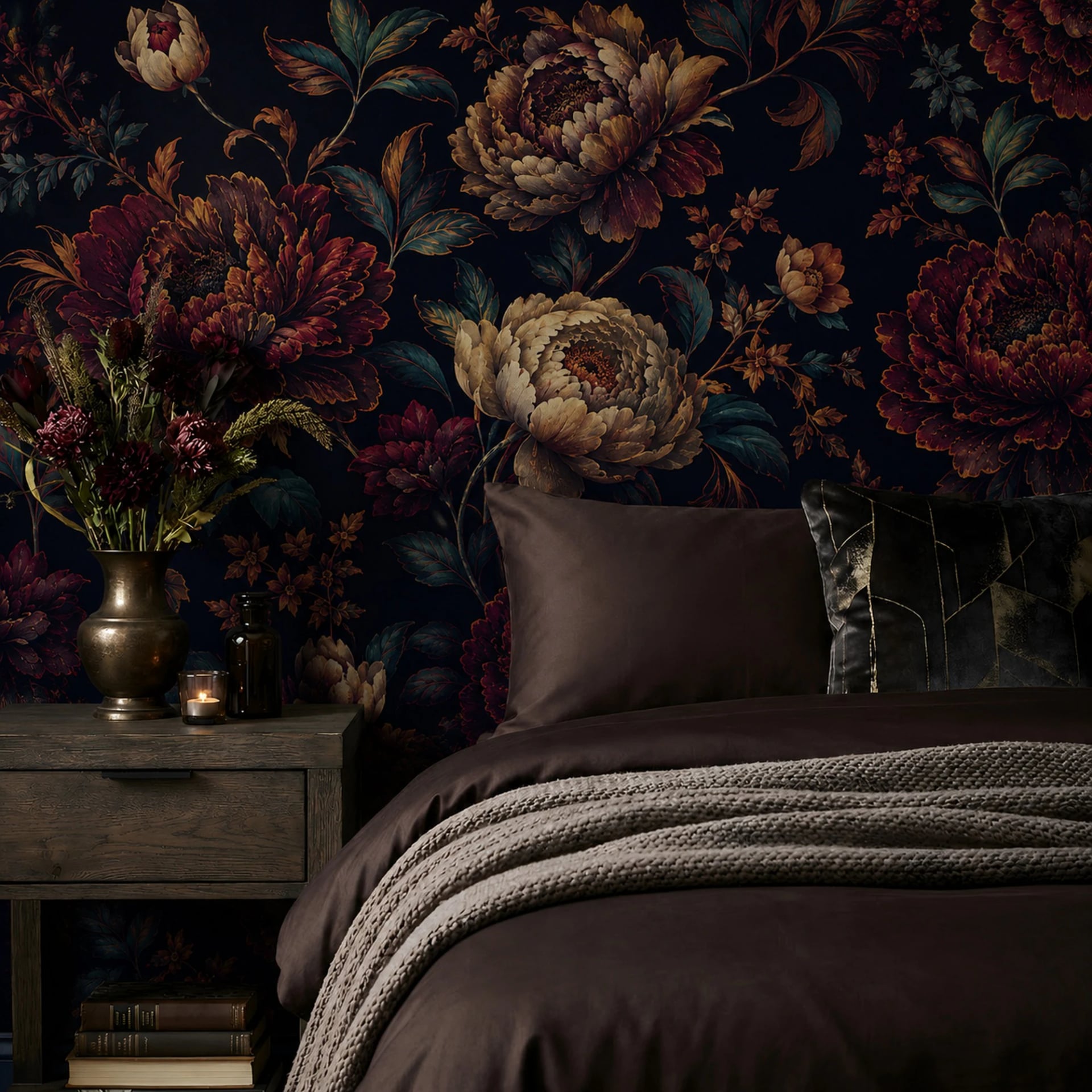 Baroque Crimson Peonies wall mural shown in a styled interior, view 2