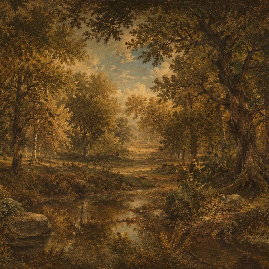 Close-up of the Woodland Stream Clearing artwork at printed scale