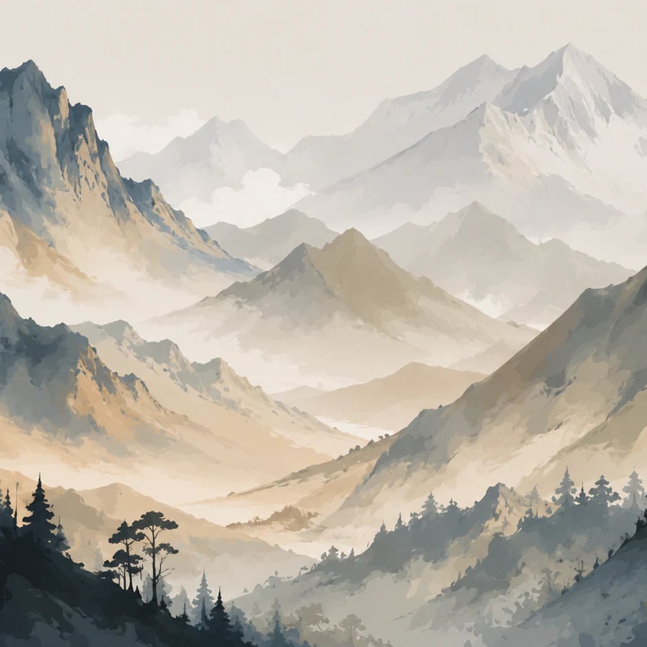 Nahaufnahme des Kunstwerks Nebliger Alpenkamm im Druckmaßstab