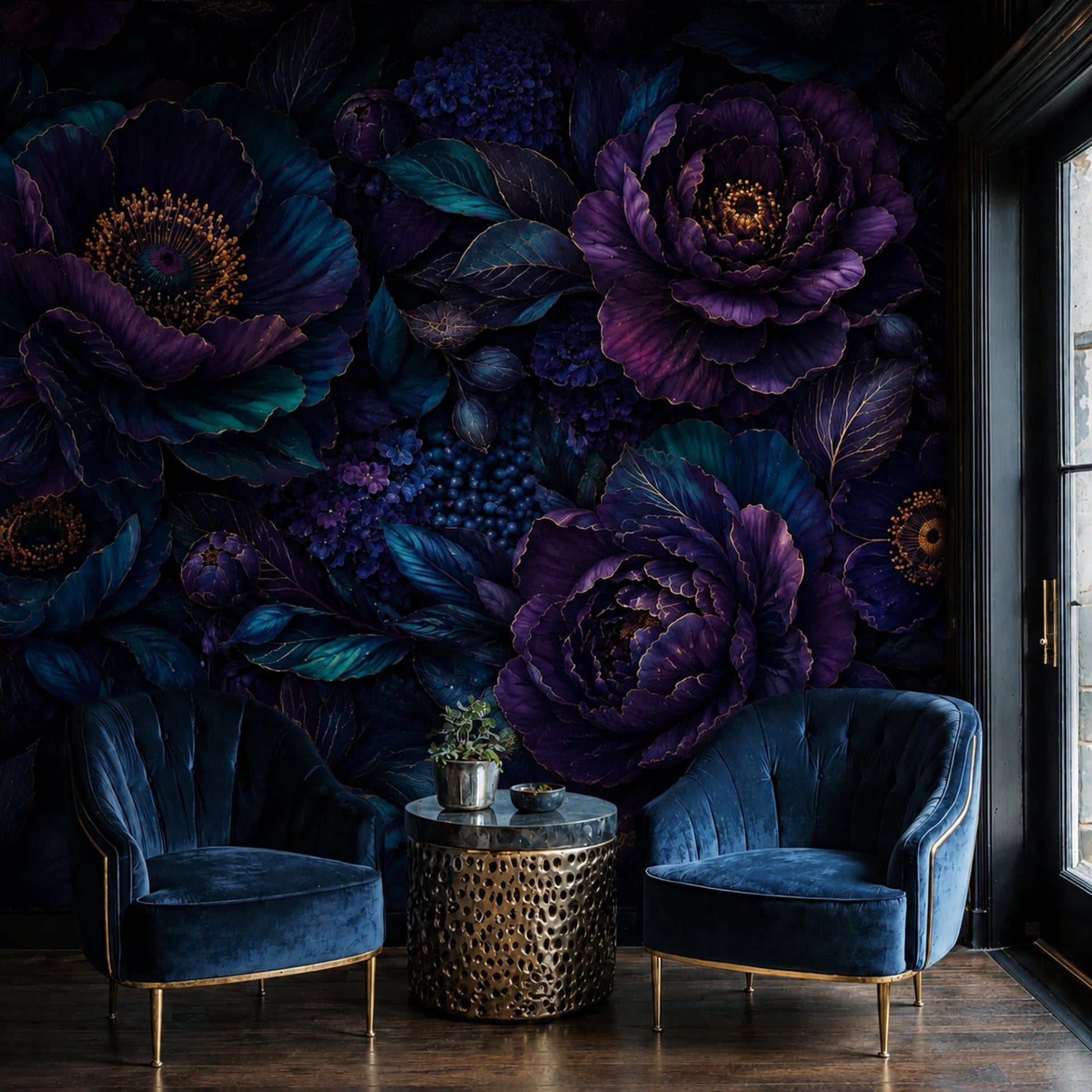 Midnight Purple Peonies wall mural shown in a styled interior, view 2