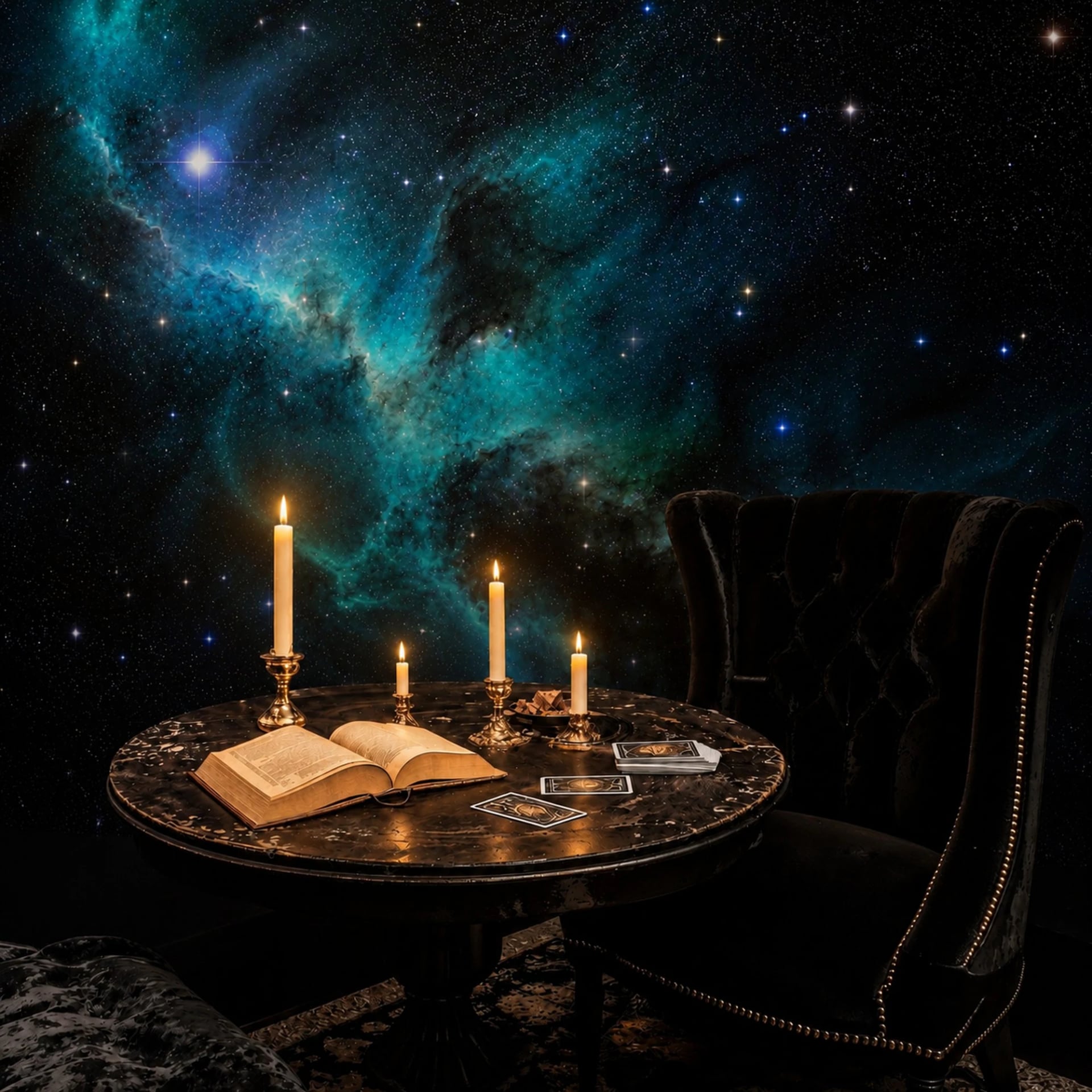 Teal Nebula Cosmos wall mural shown in a styled interior, view 2