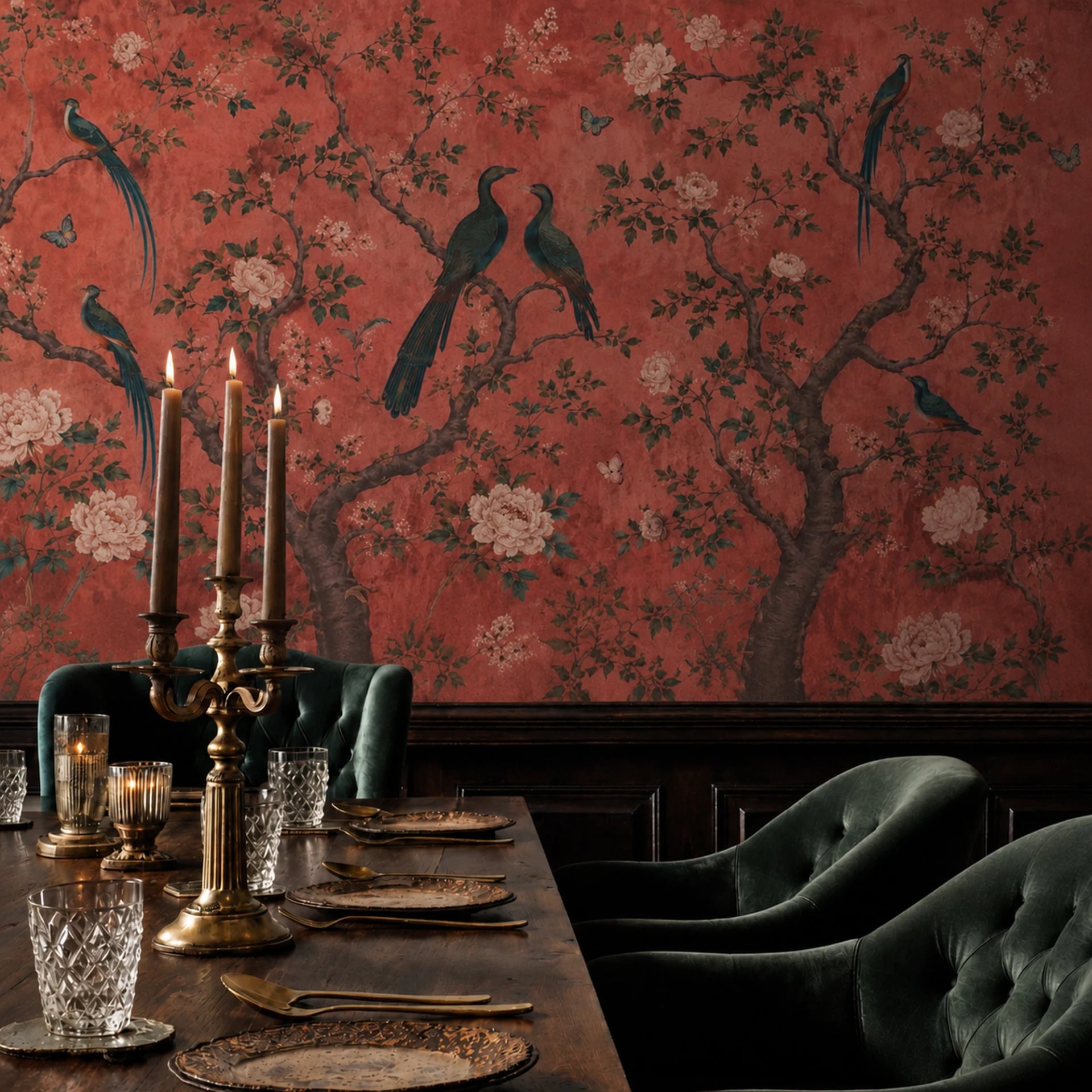 Terracotta Peacock Tree wall mural shown in a styled interior, view 2