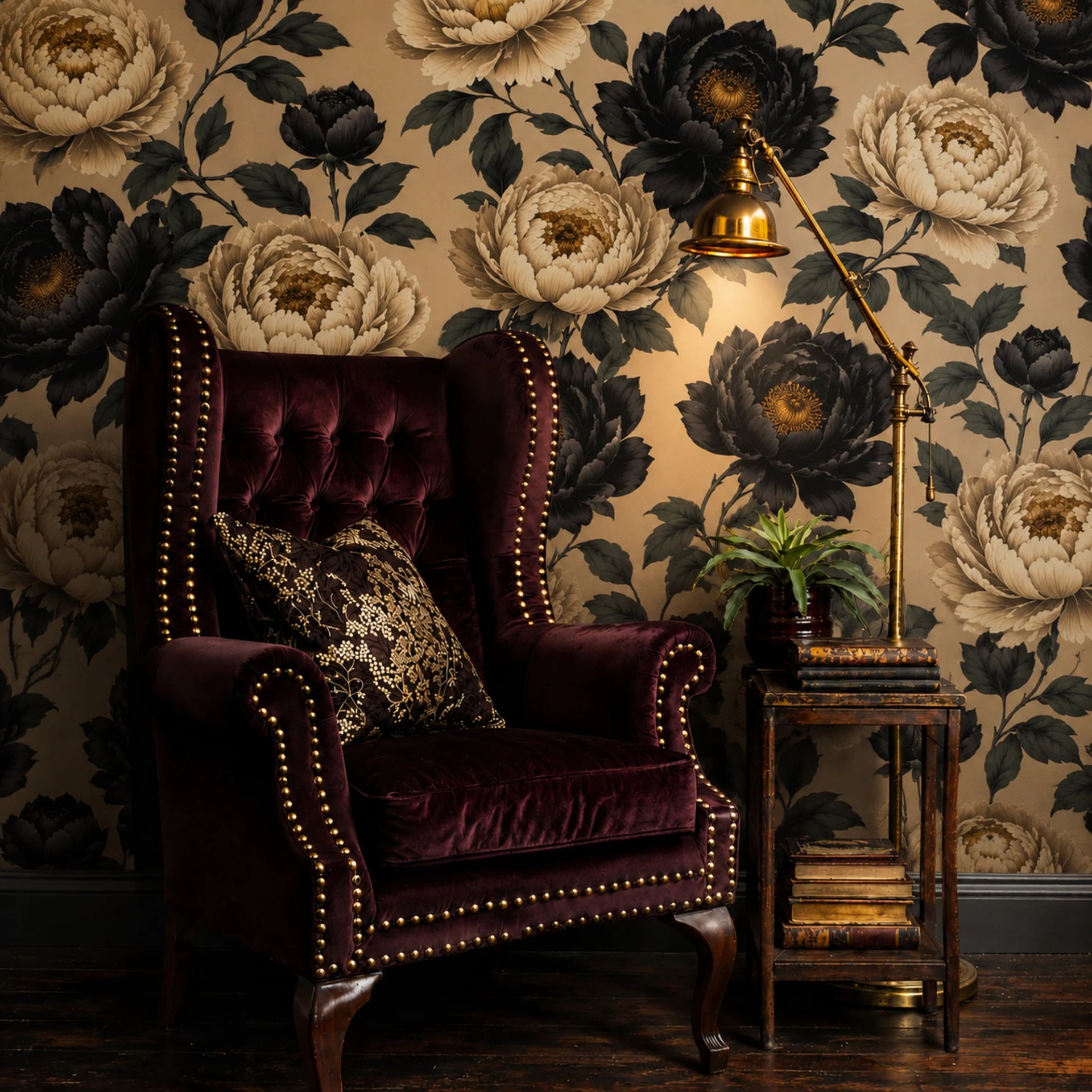 Moody Peony Bloom wall mural shown in a styled interior, view 2