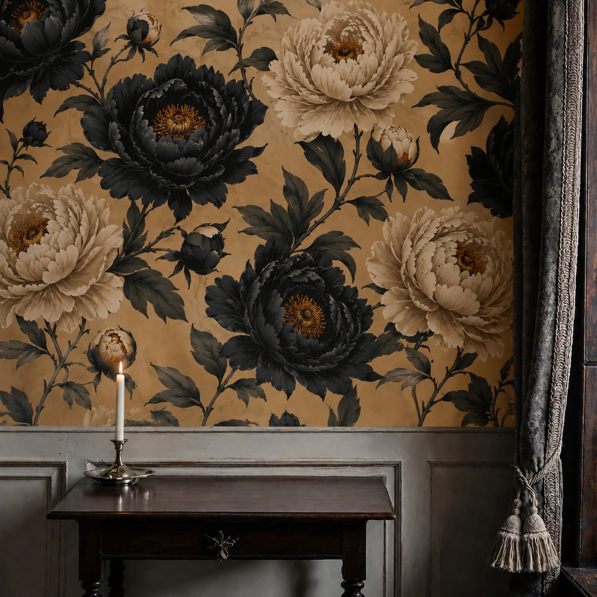 Papier peint panoramique Éclosion d'Onyx et Pivoines présenté dans un intérieur décoré, vue 2
