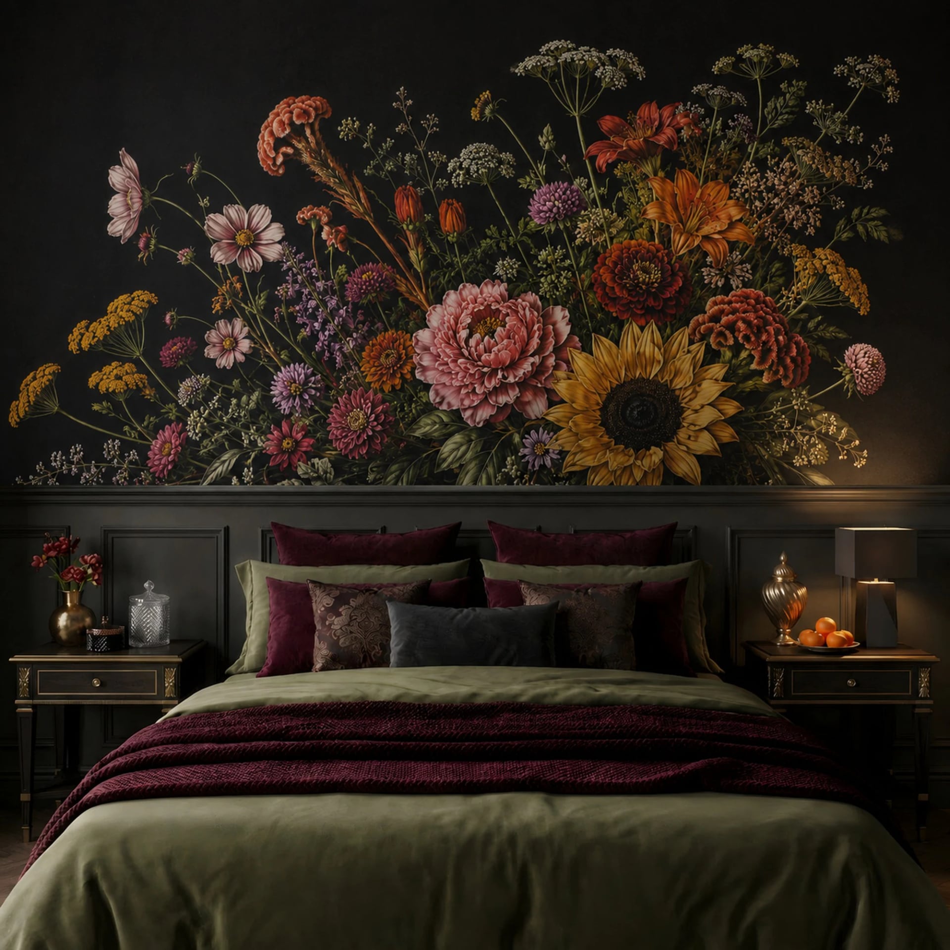 Papier peint panoramique Pivoine et Tournesol Flamands présenté dans un intérieur décoré, vue 2