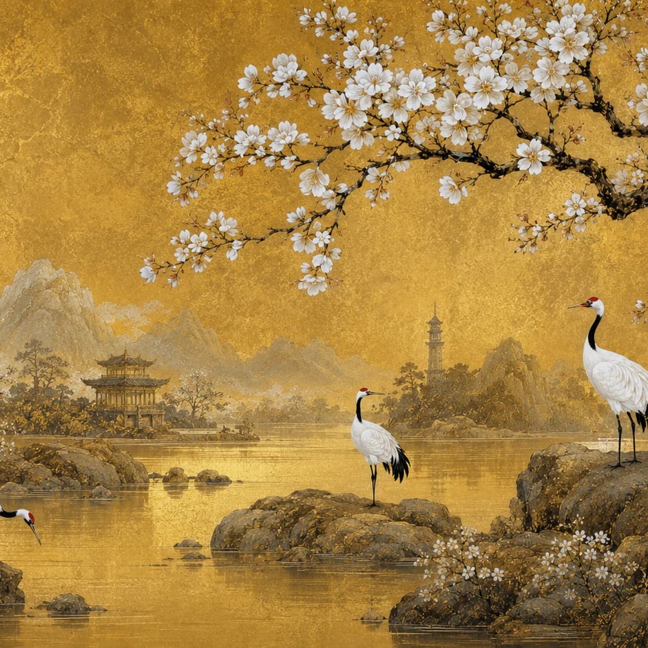 Close-up of the Golden Crane Blossom artwork at printed scale