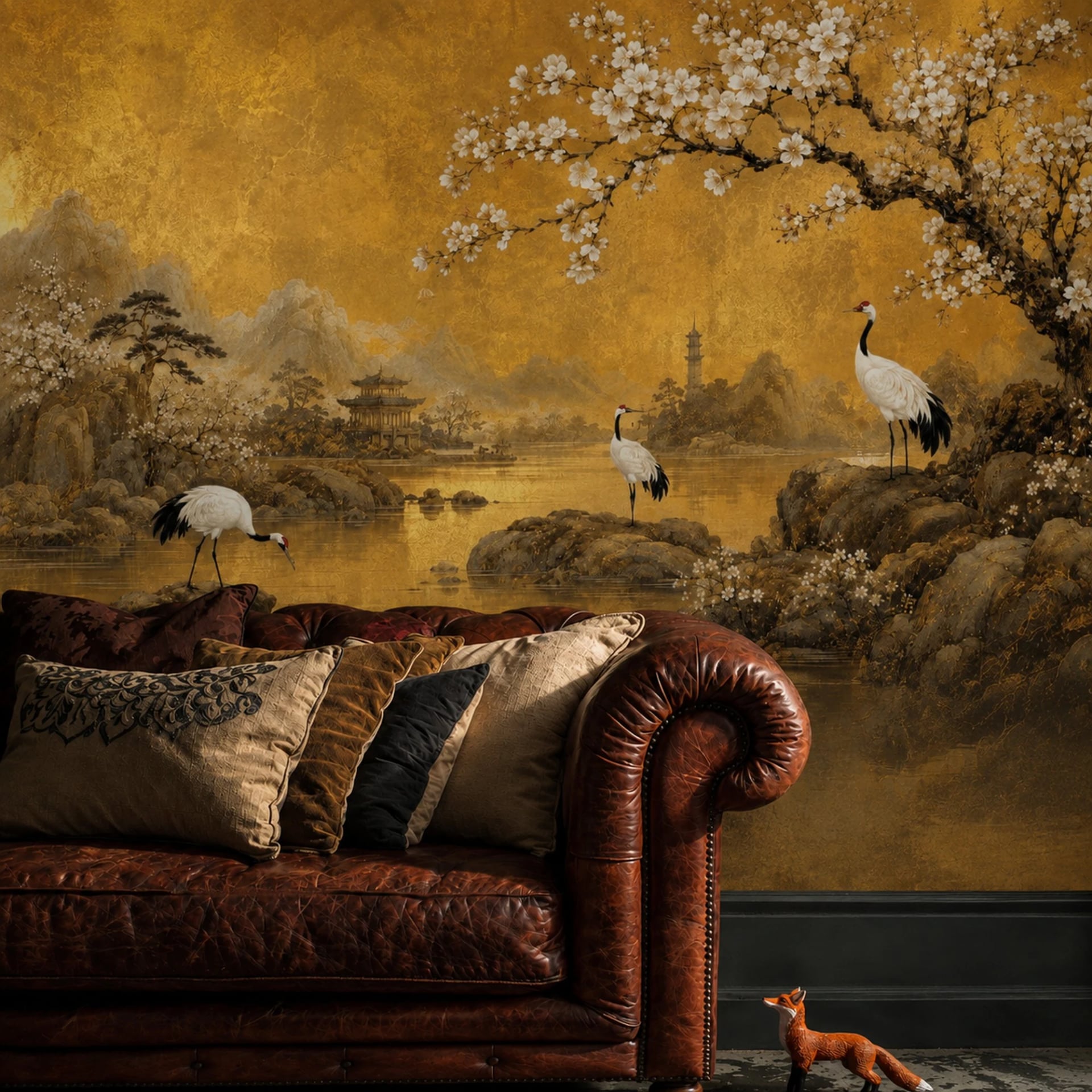 Golden Crane Blossom wall mural shown in a styled interior, view 2