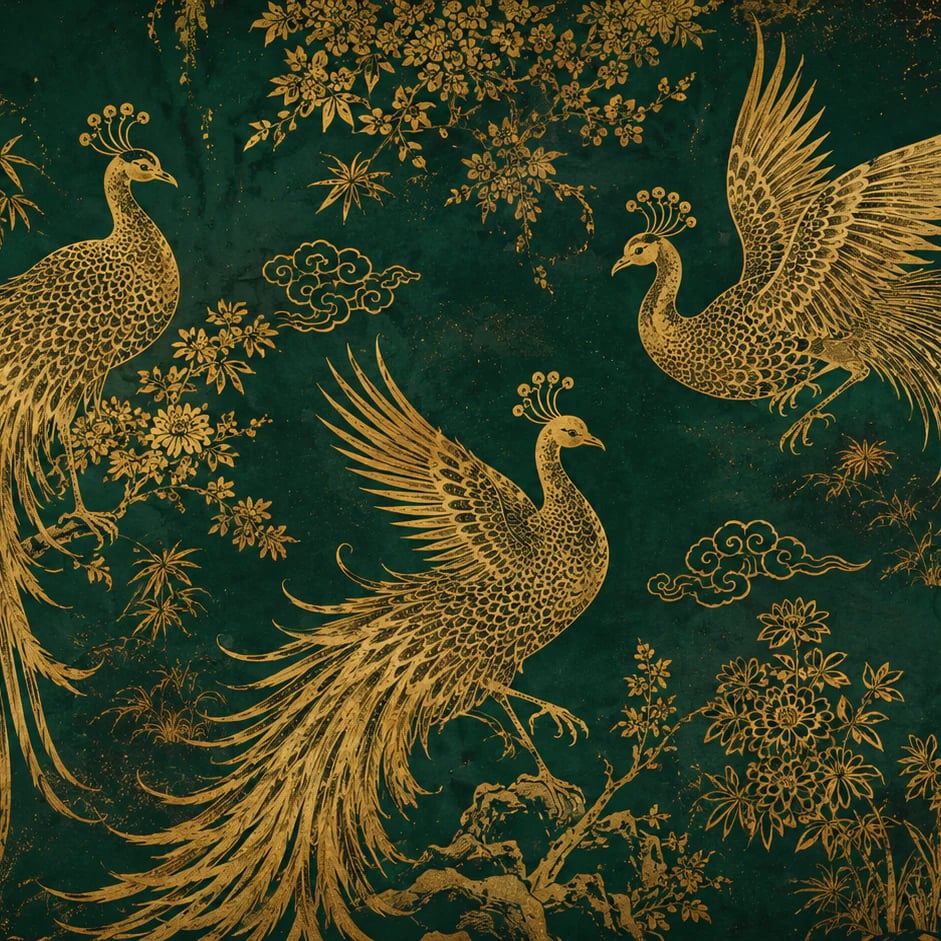 Close-up of the Imperial Gold Peacock artwork at printed scale