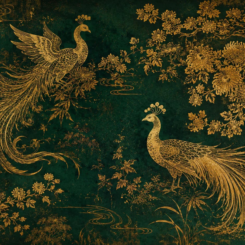 Close-up of the Emerald Golden Peacock artwork at printed scale