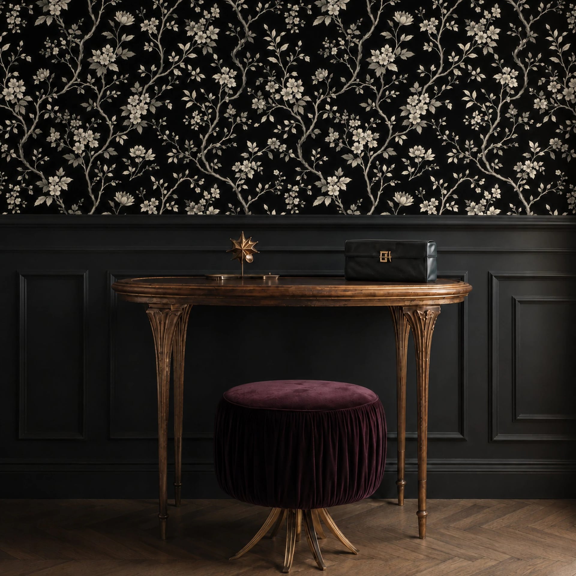 Midnight Blossom Vine wall mural shown in a styled interior, view 2