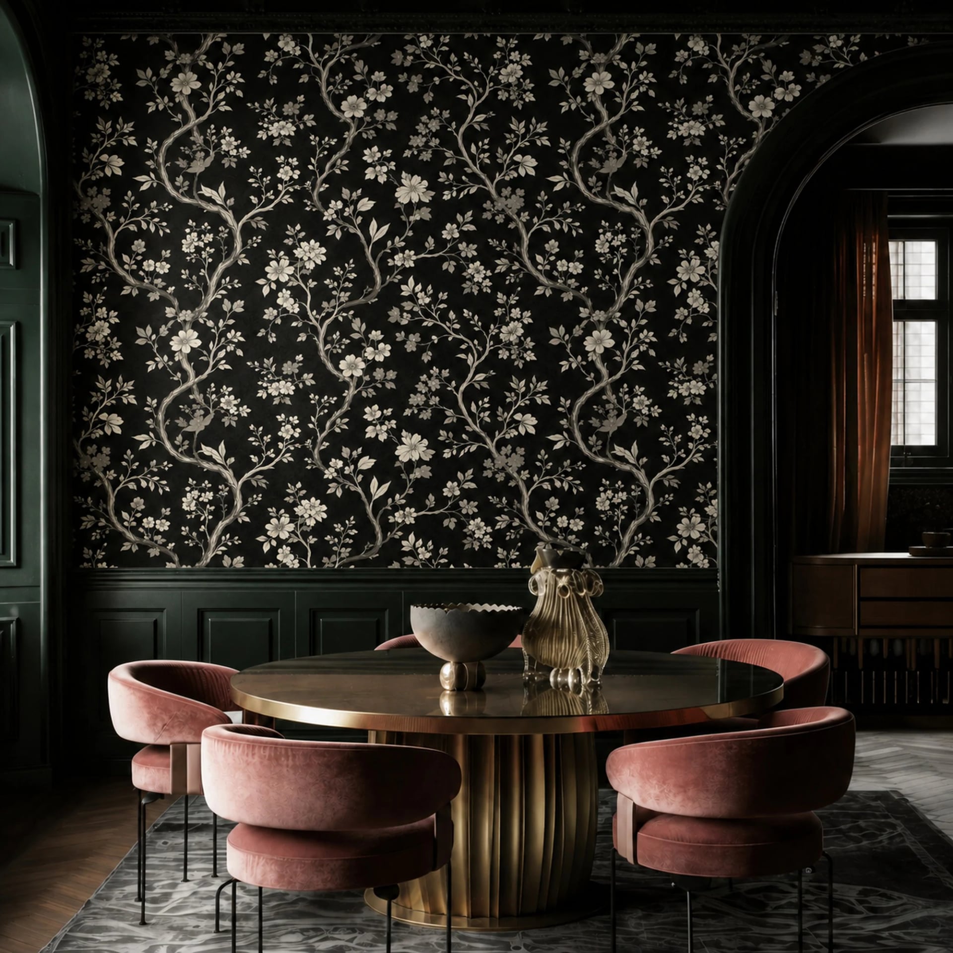 Nocturne Vine Blossom wall mural shown in a styled interior, view 2