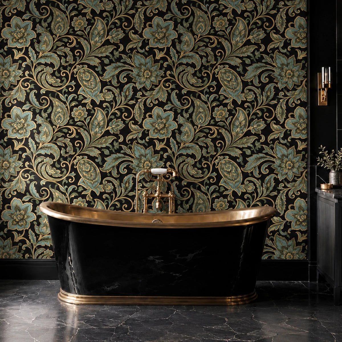 Close-up of the Midnight Acanthus Paisley artwork at printed scale