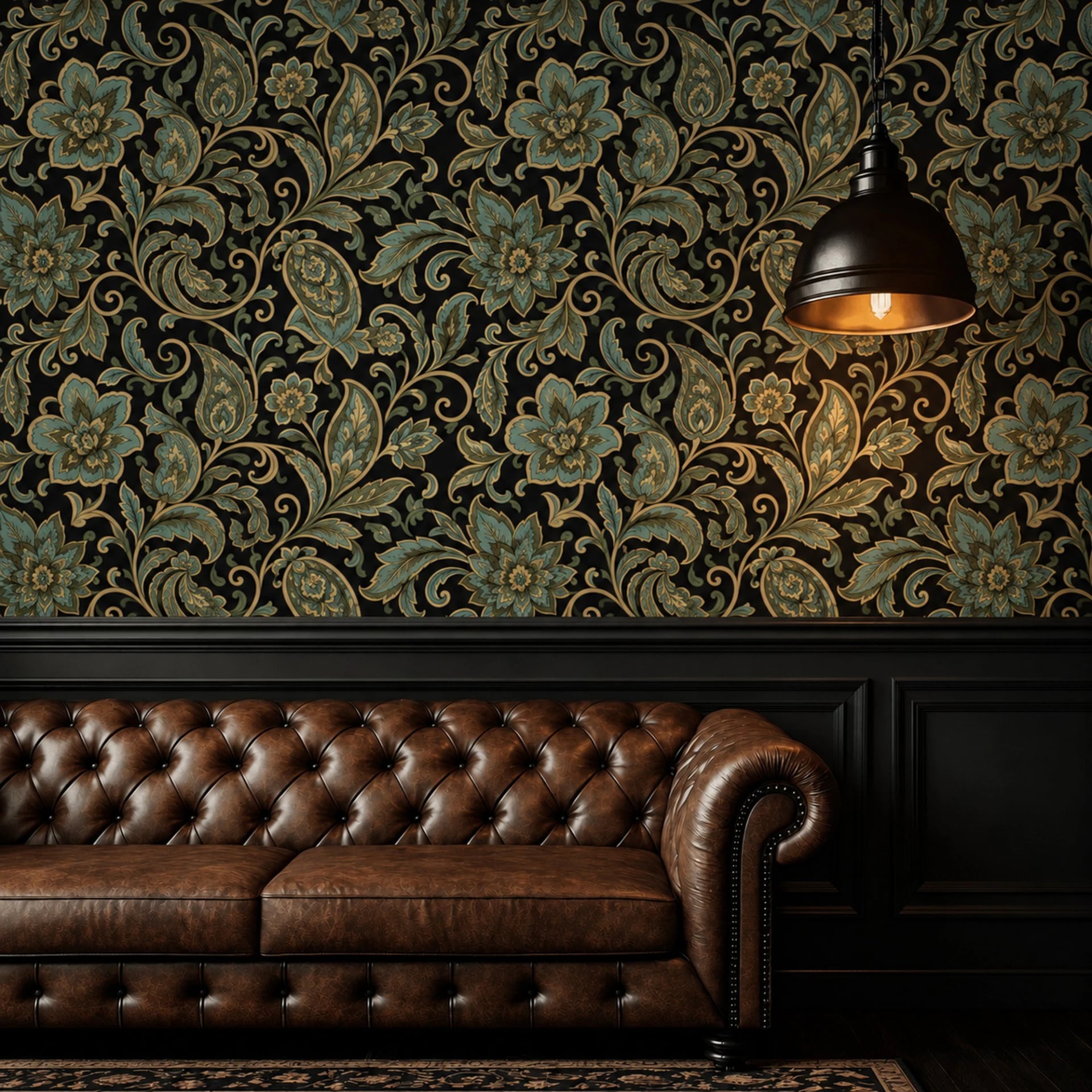 Midnight Acanthus Paisley wall mural shown in a styled interior, view 2