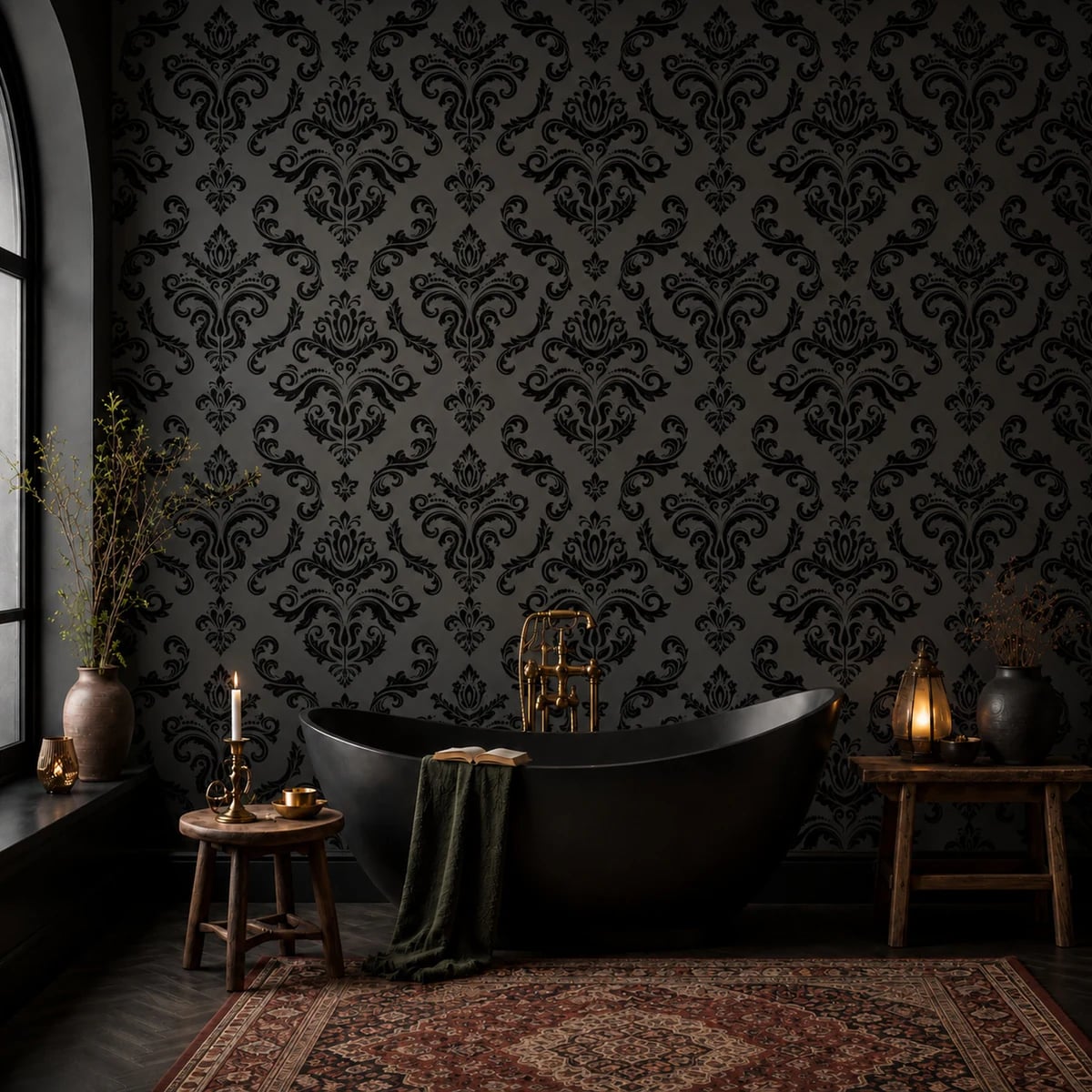 Close-up of the Charcoal Baroque Damask artwork at printed scale