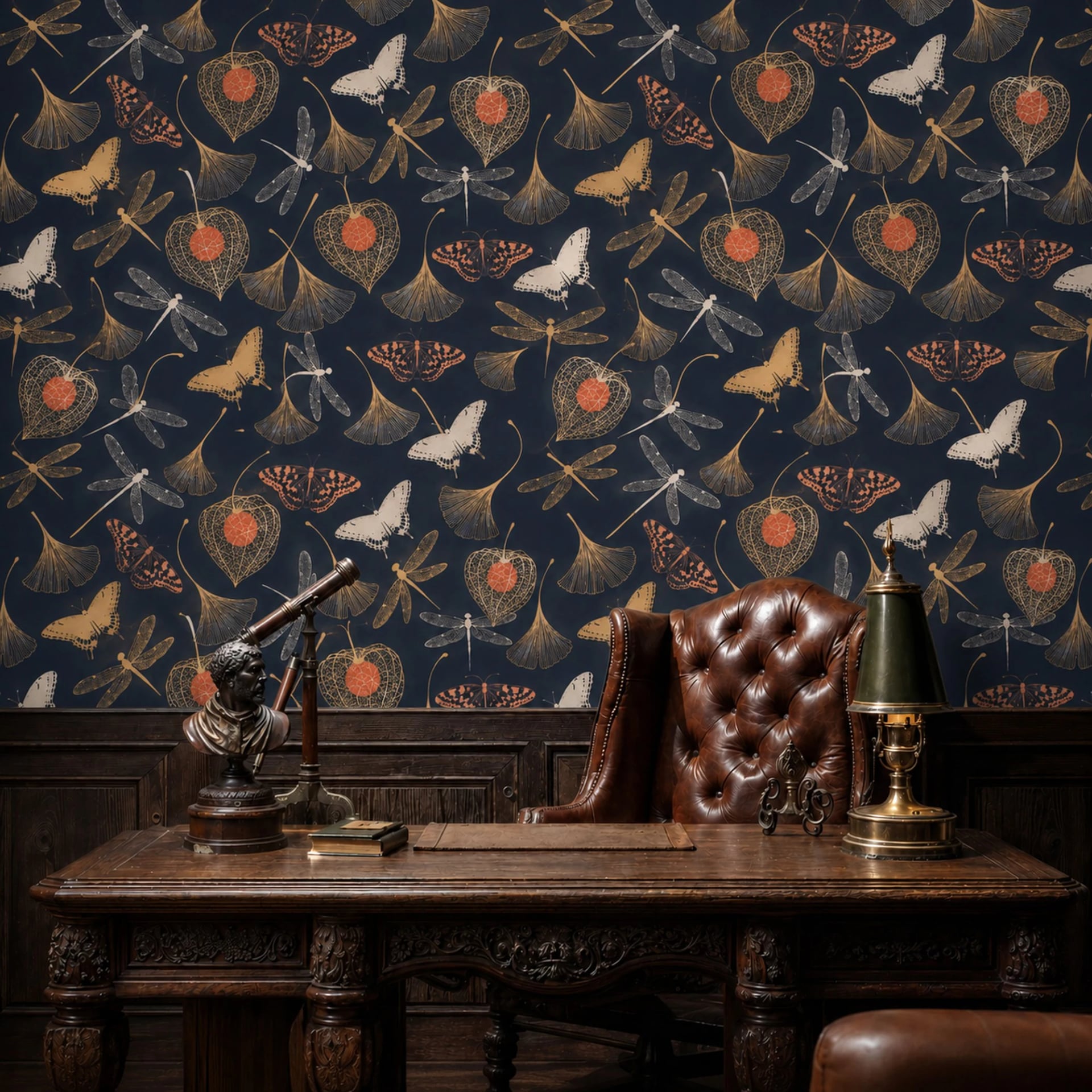 Physalis and Moth Nocturne wall mural shown in a styled interior, view 2