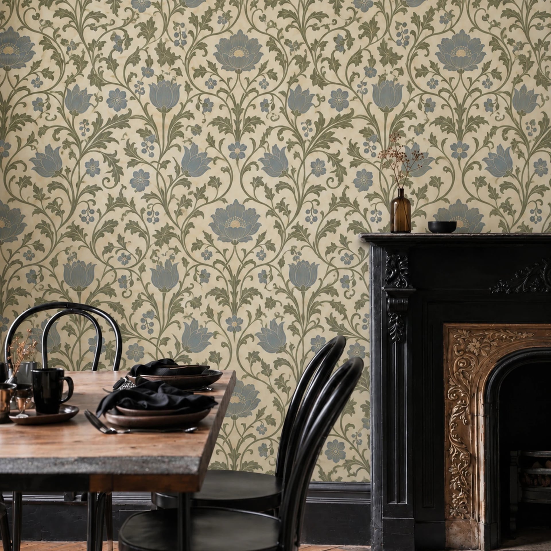 Heritage Tulip Damask wall mural shown in a styled interior, view 2