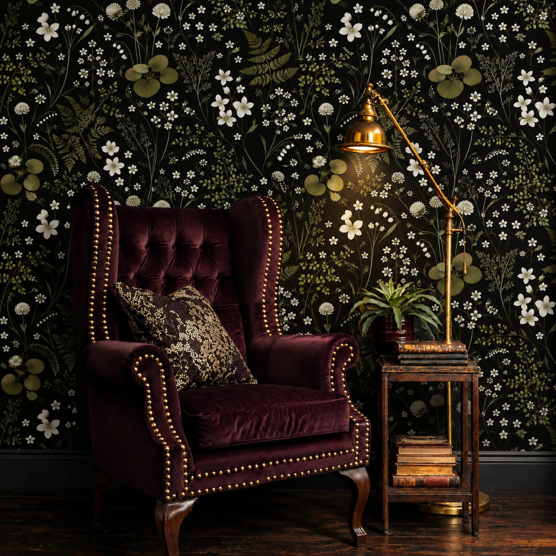Nocturne Meadow Flora wall mural shown in a styled interior, view 2