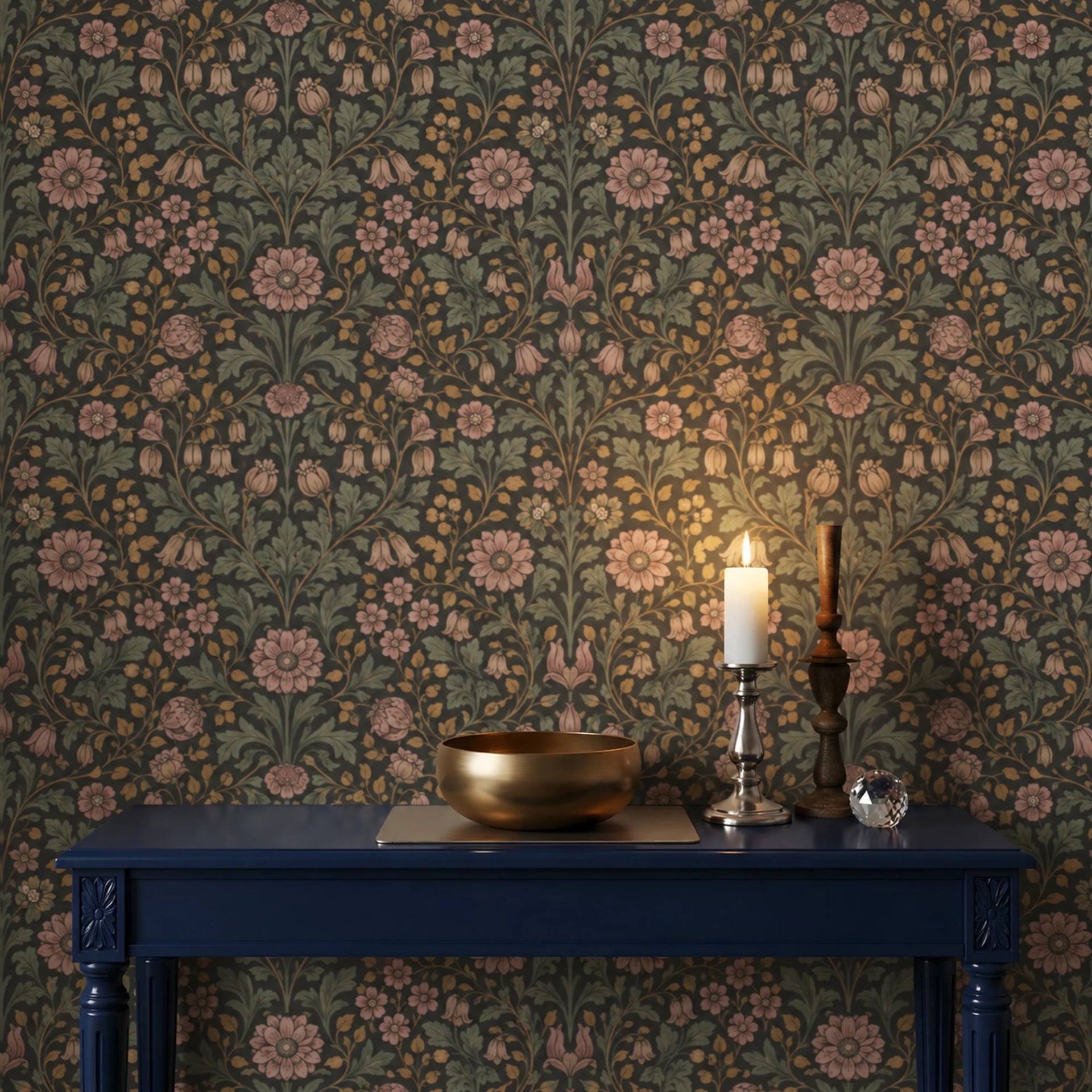Victorian Rose Tapestry wall mural shown in a styled interior, view 2
