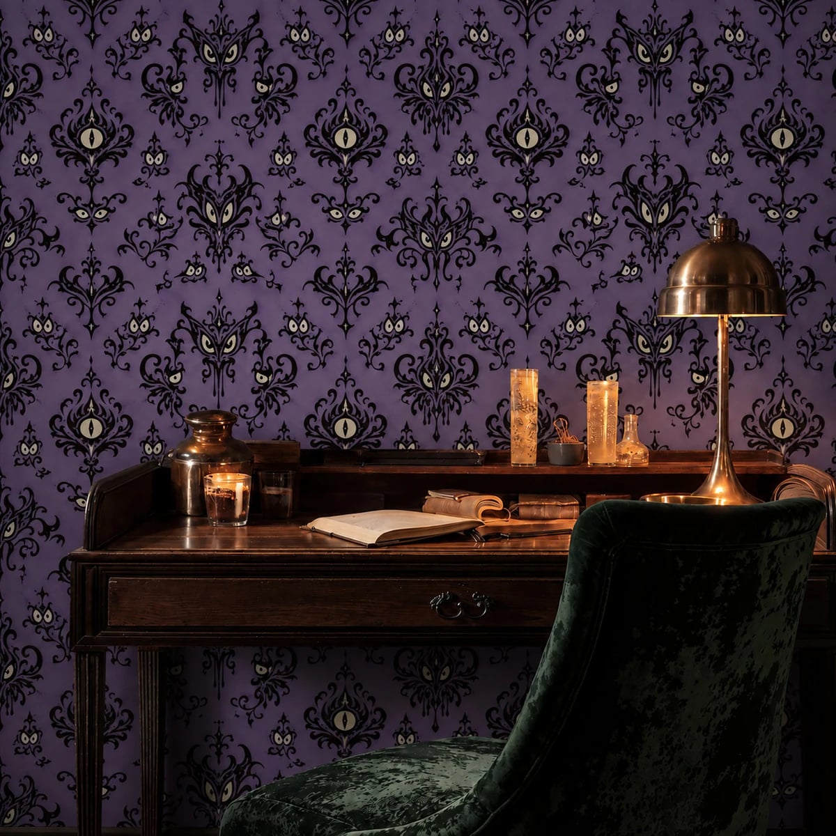 Close-up of the Haunted Eyes Damask artwork at printed scale
