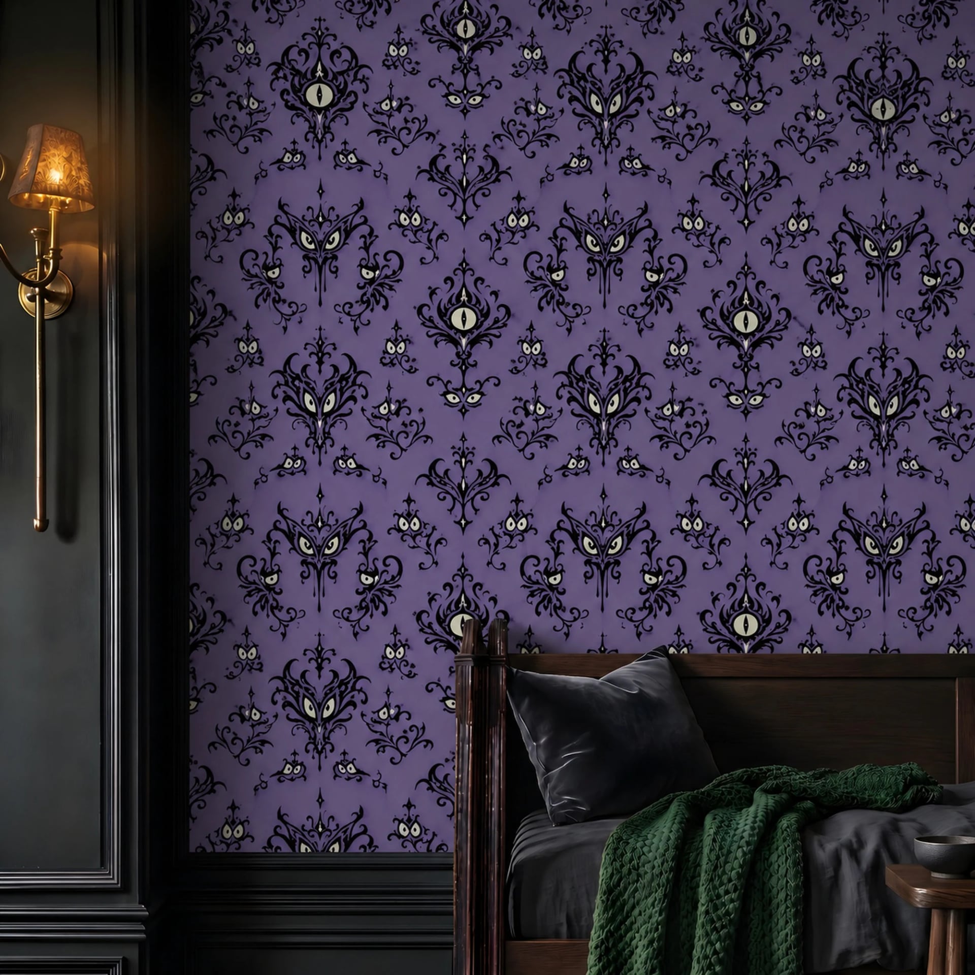 Haunted Eyes Damask wall mural shown in a styled interior, view 2