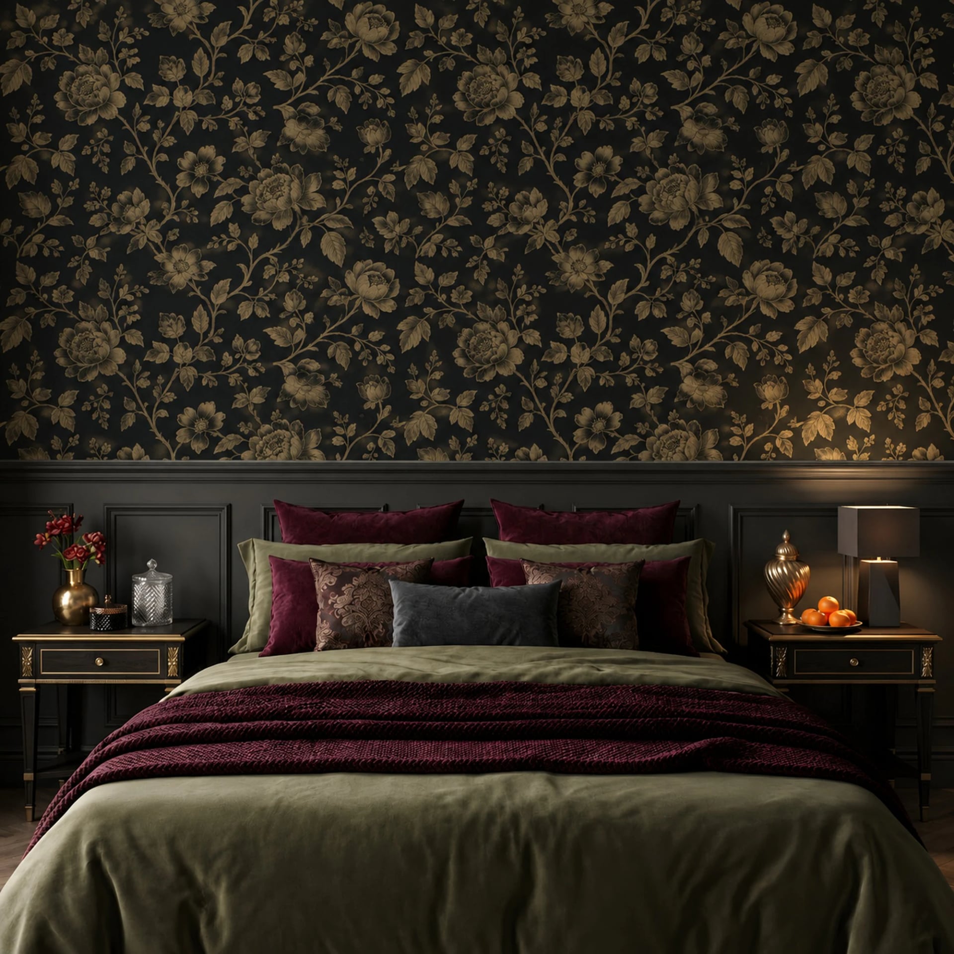 Antique Gilded Peony wall mural shown in a styled interior, view 2