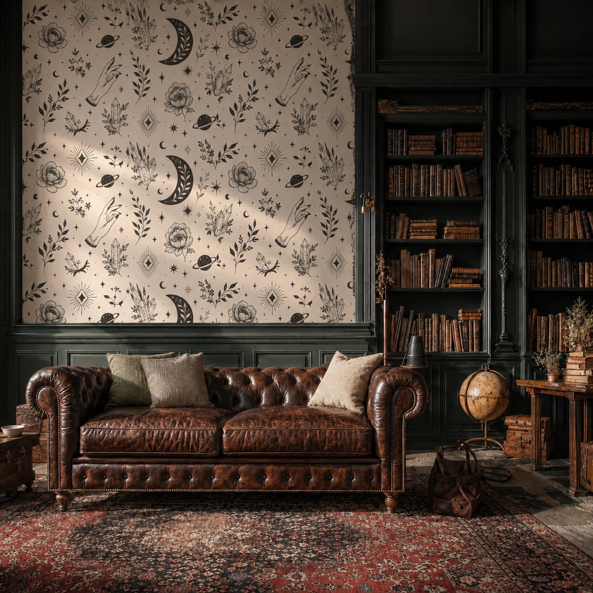 Mystic Crescent Flora wall mural shown in a styled interior, view 2