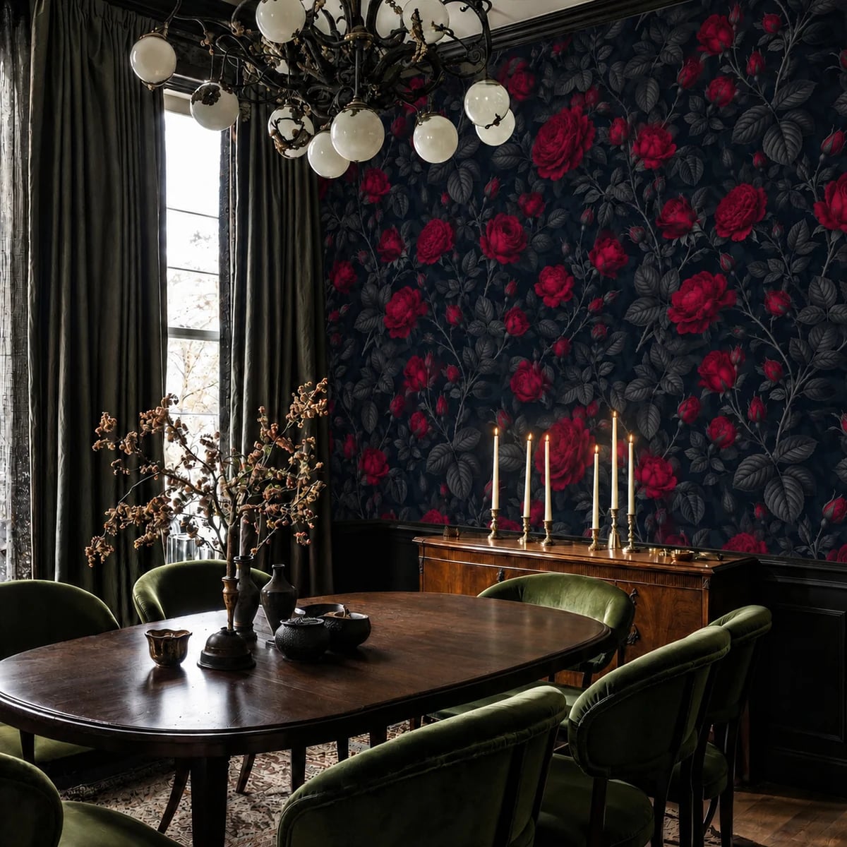 Close-up of the Crimson Rose Damask artwork at printed scale