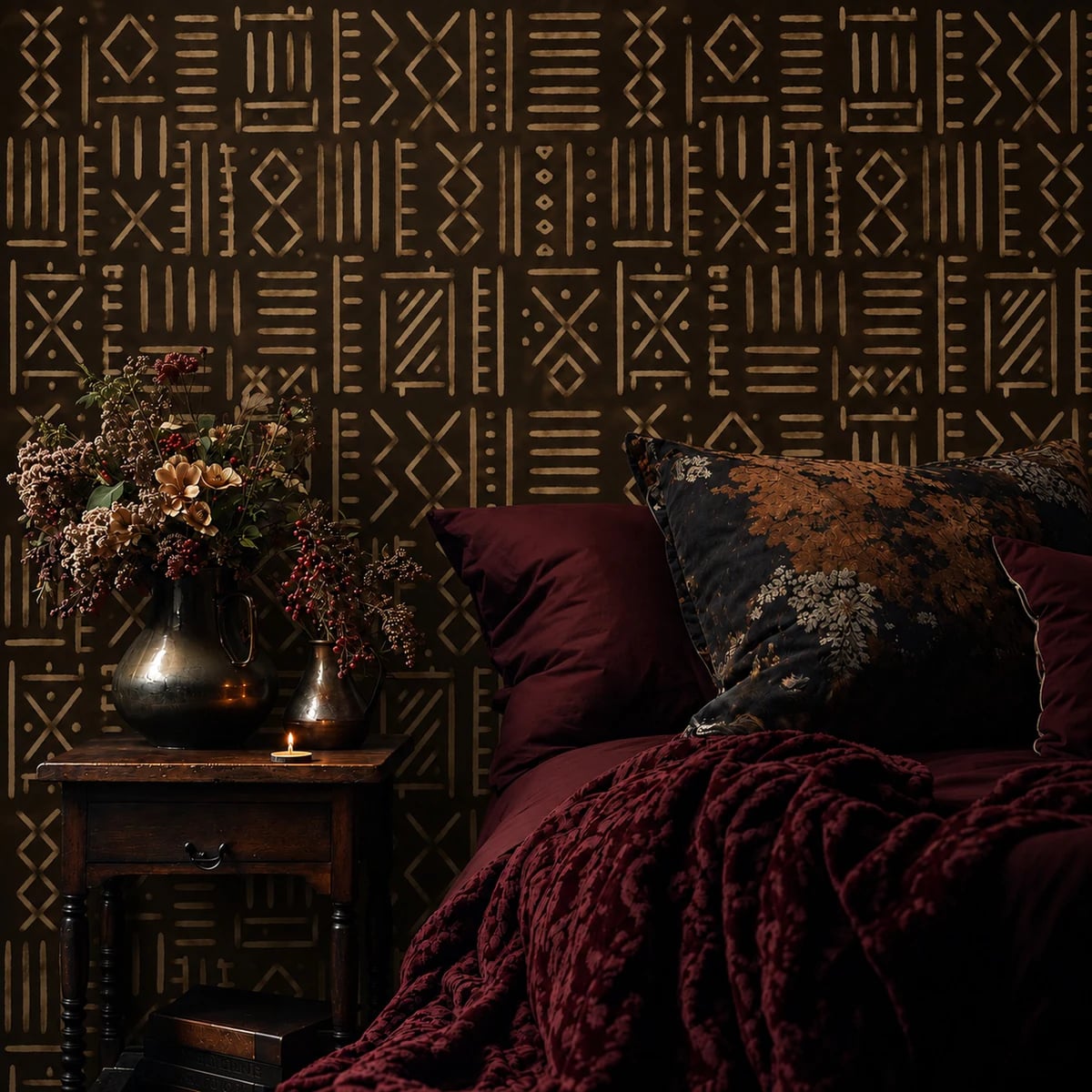 Close-up of the Ochre Mudcloth Glyphs artwork at printed scale