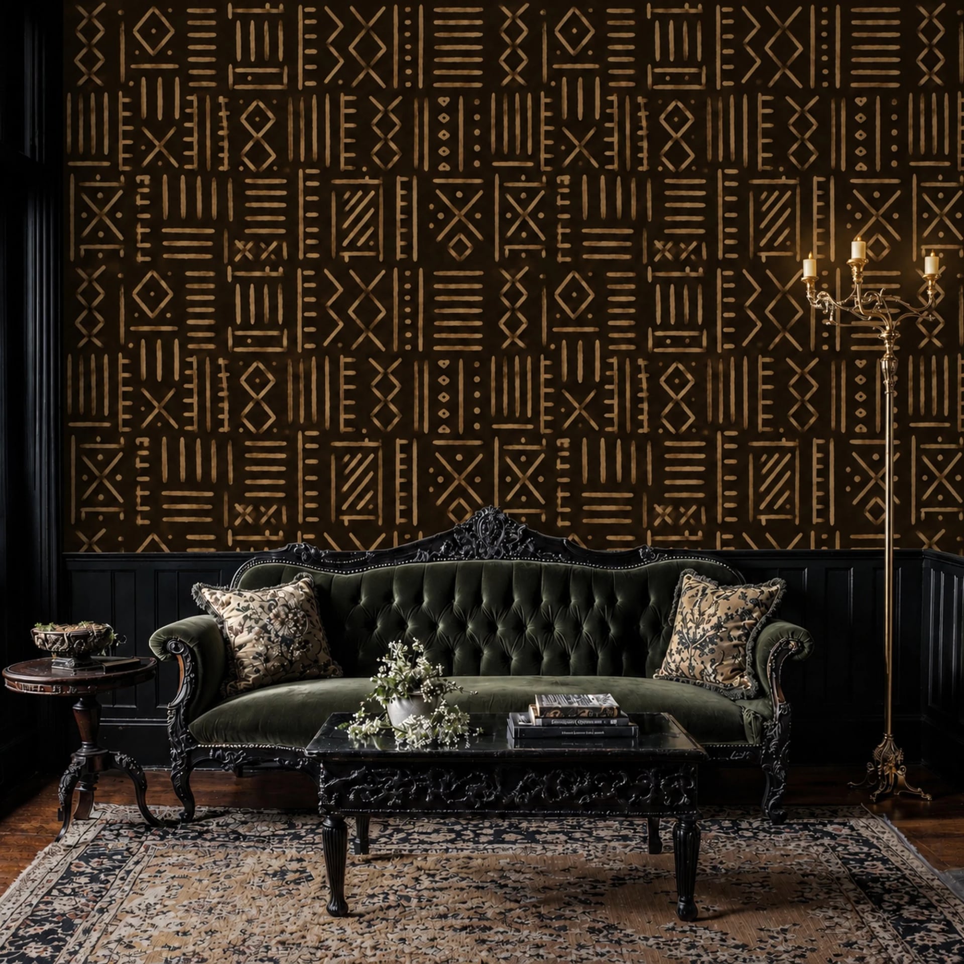 Ochre Mudcloth Glyphs wall mural shown in a styled interior, view 2