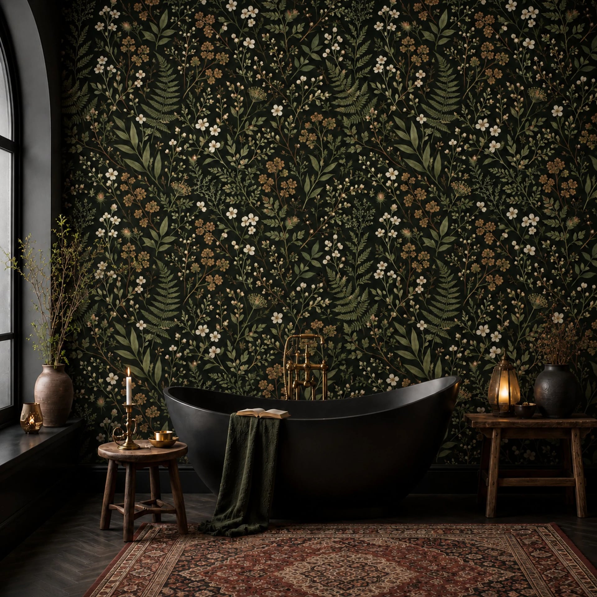 Papier peint panoramique Flore champêtre sombre présenté dans un intérieur décoré, vue 2