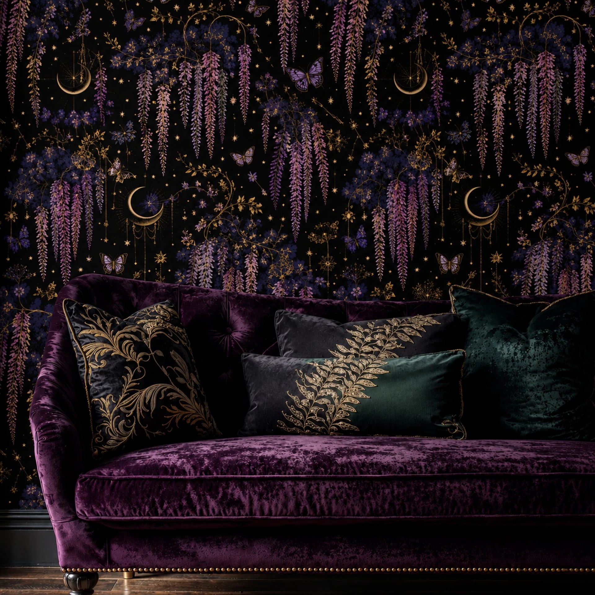 Himmlische Blauregen-Nacht Fototapete in einem stilvoll eingerichteten Raum, Ansicht 2