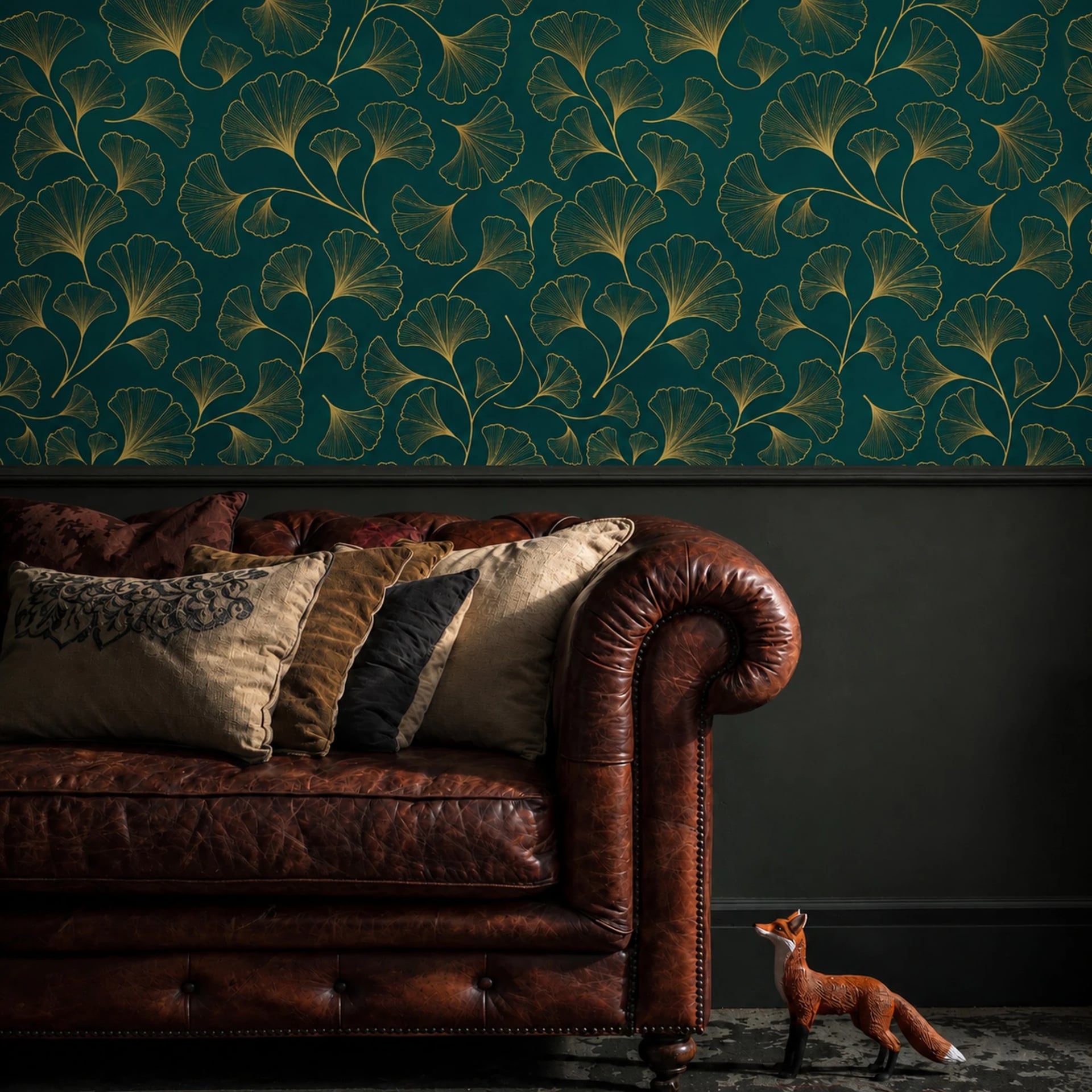 Emerald Ginkgo Branch wall mural shown in a styled interior, view 2