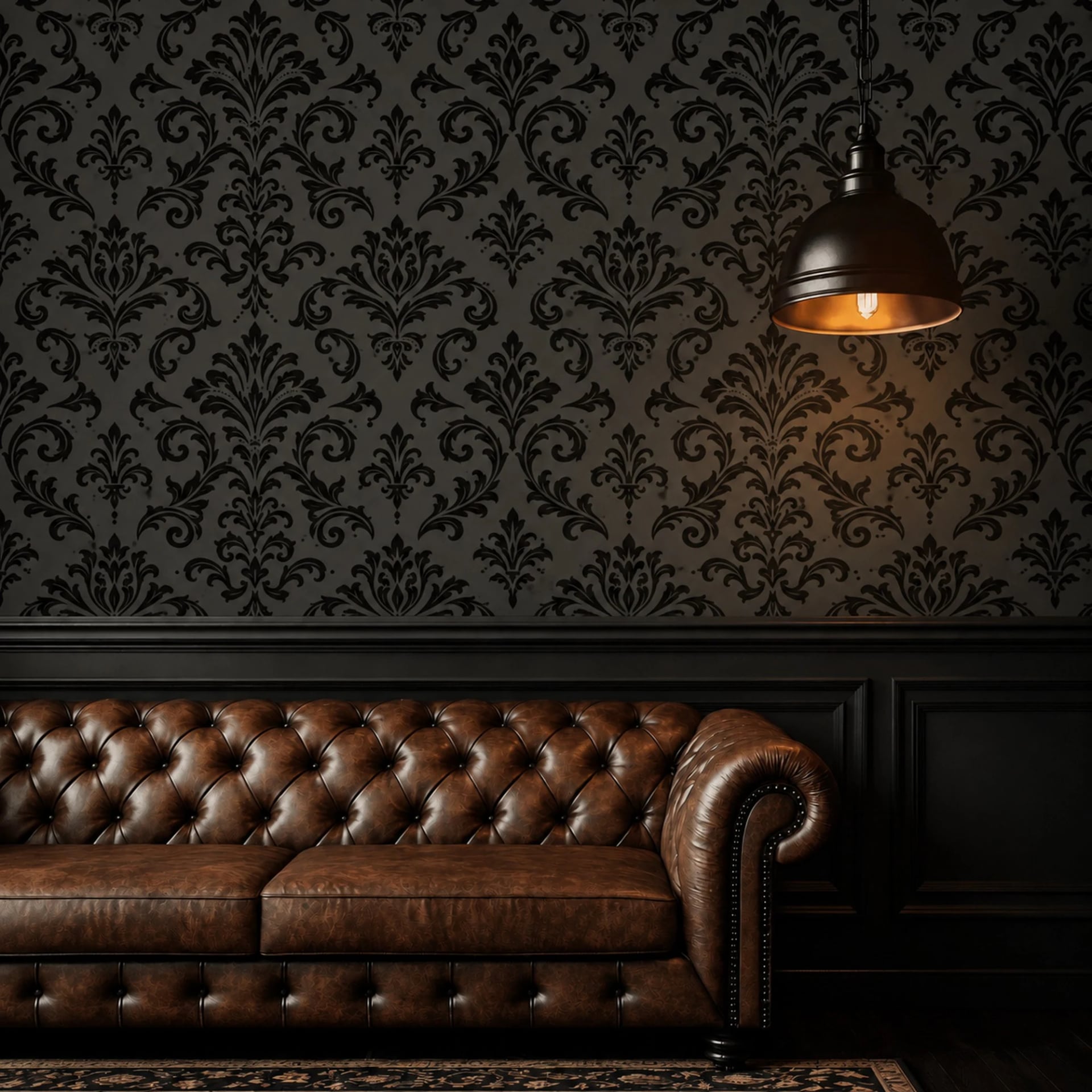 Noir Victorian Damask wall mural shown in a styled interior, view 2